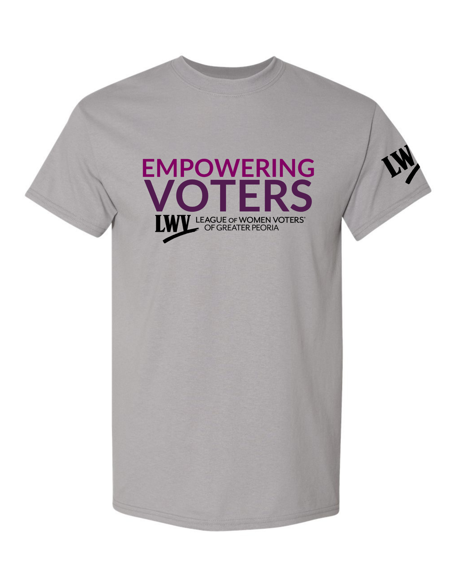 The front of a grey shirt that reads "EMPOWERING VOTERS" with the LWVGP logo underneath.