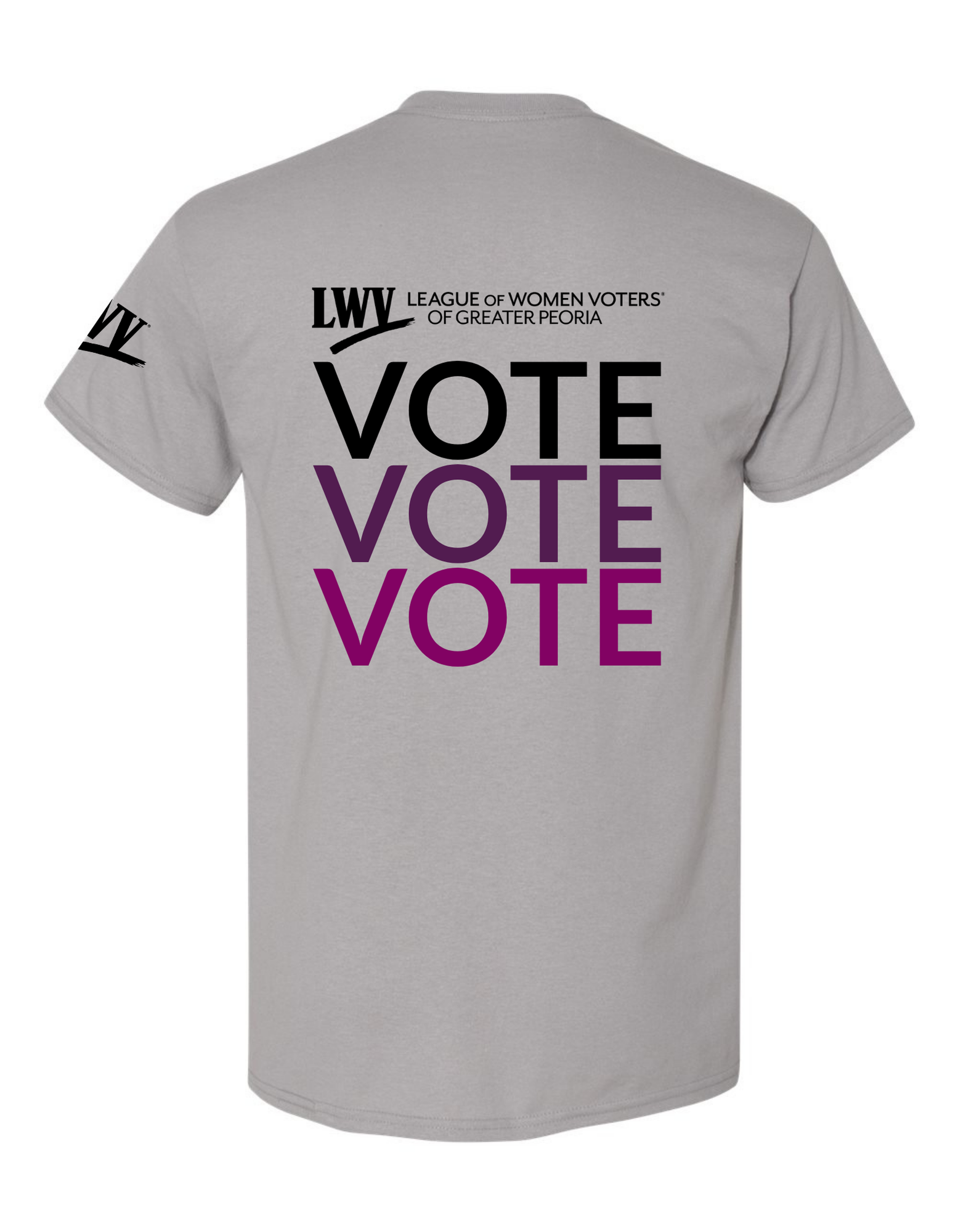 The back of a grey shirt that reads "VOTE VOTE VOTE" with the LWVGP logo above it.